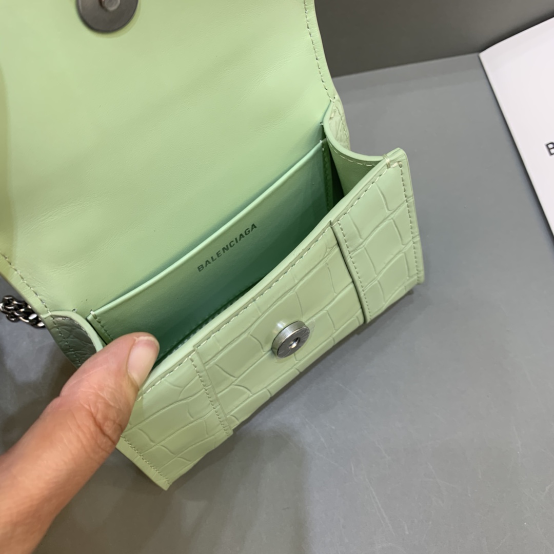 Balenciaga Hourglass Mini Handbag With Chain Crocodile Embossed Shoulder Bag Light Green